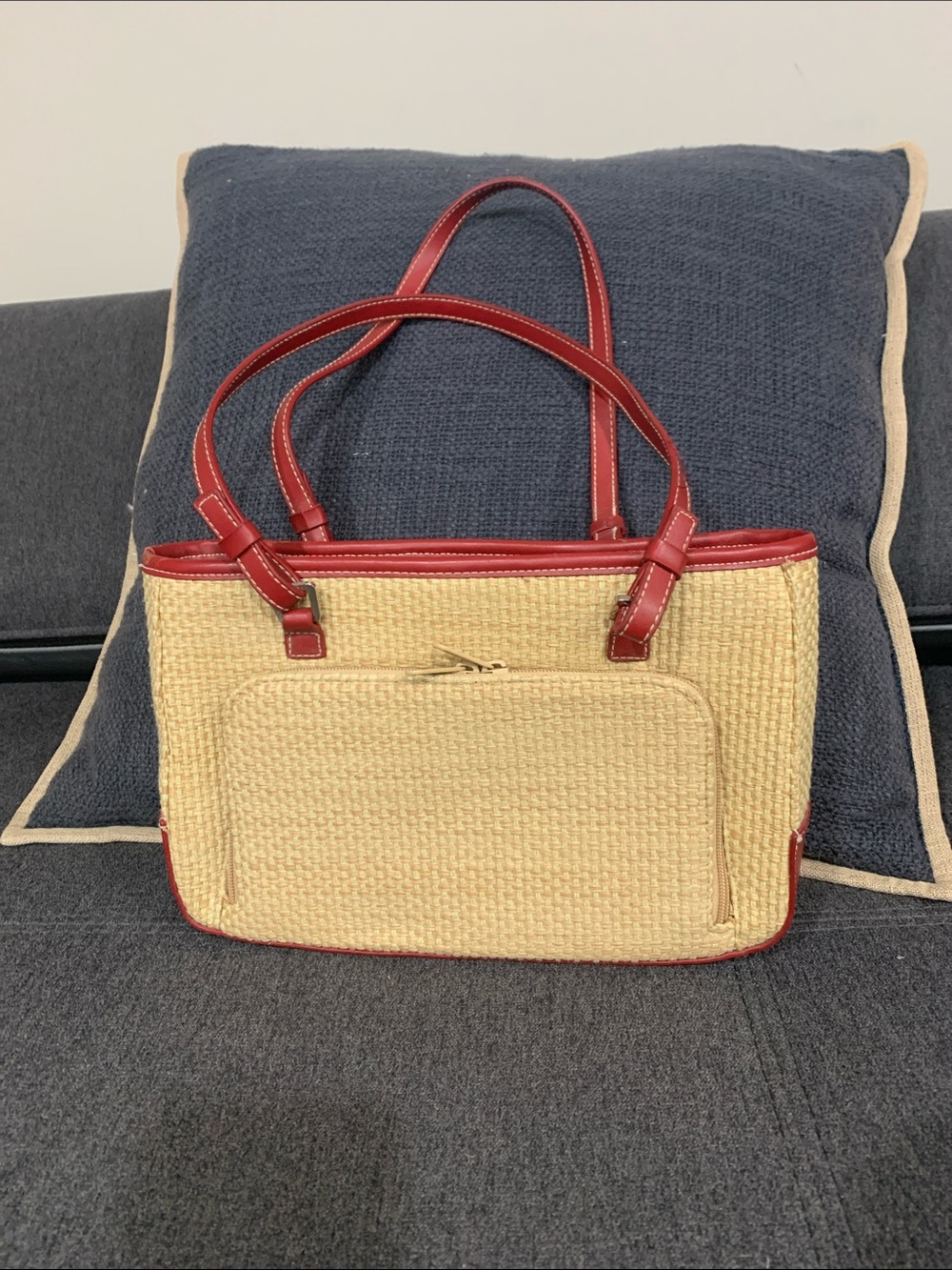 Women’s Straw Tote with Red leather Trim